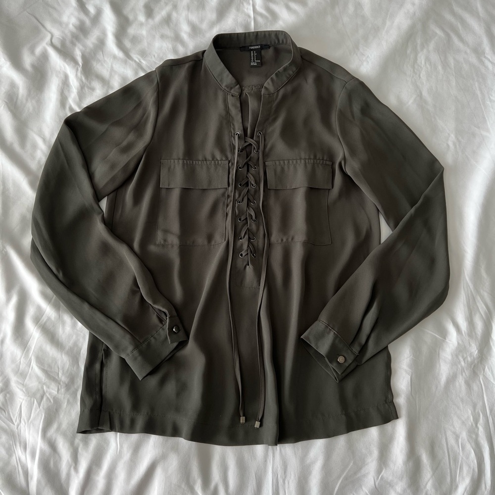Olive Green Long Sleeve Blouse With Lace Up Detail